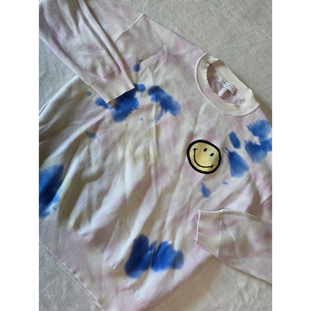 Sandro Paris x Smiley Tie Dye Knit Sweater Size 0 Blue Pink Yellow Crewneck